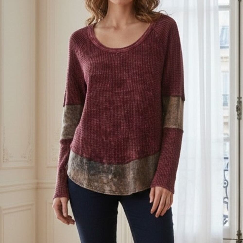 Free People Maroon Long Sleeve Contrast Streip Thermal Top XS